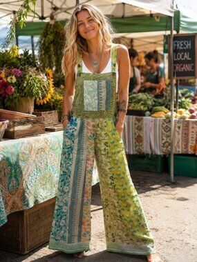 NWT Cotton Traveler Lounge Patchwork Overalls-Large